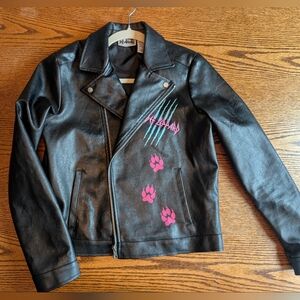 Black Faux Leather Moto Jacket with Pink Floral Accents